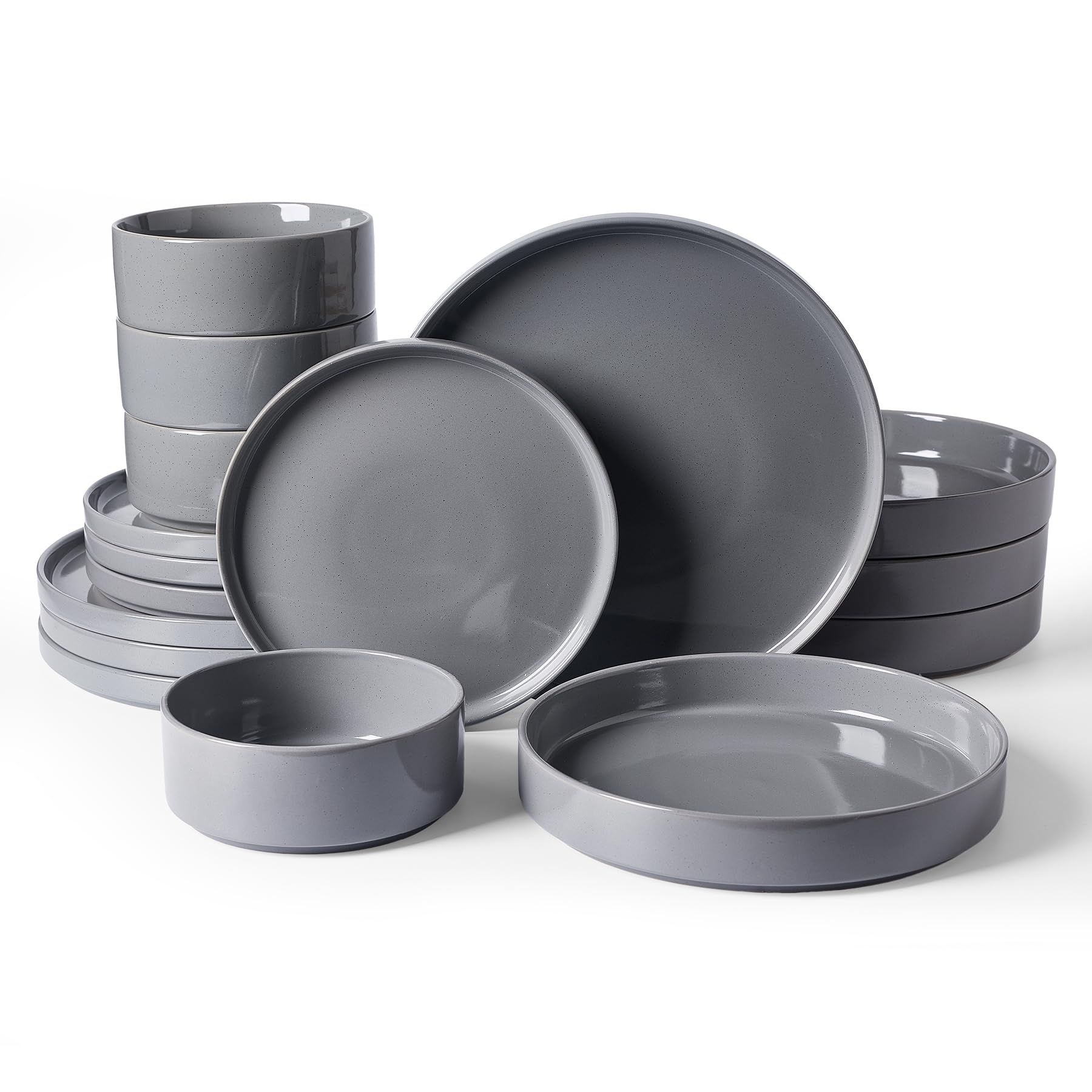 Famiware Nebula Dinnerware Set with Pasta Bowls, Service for 4 (16pcs), Fine Stoneware Plates and Bowls Sets, Microwave and Dishwasher Safe Dishes Set, Dark Gray
