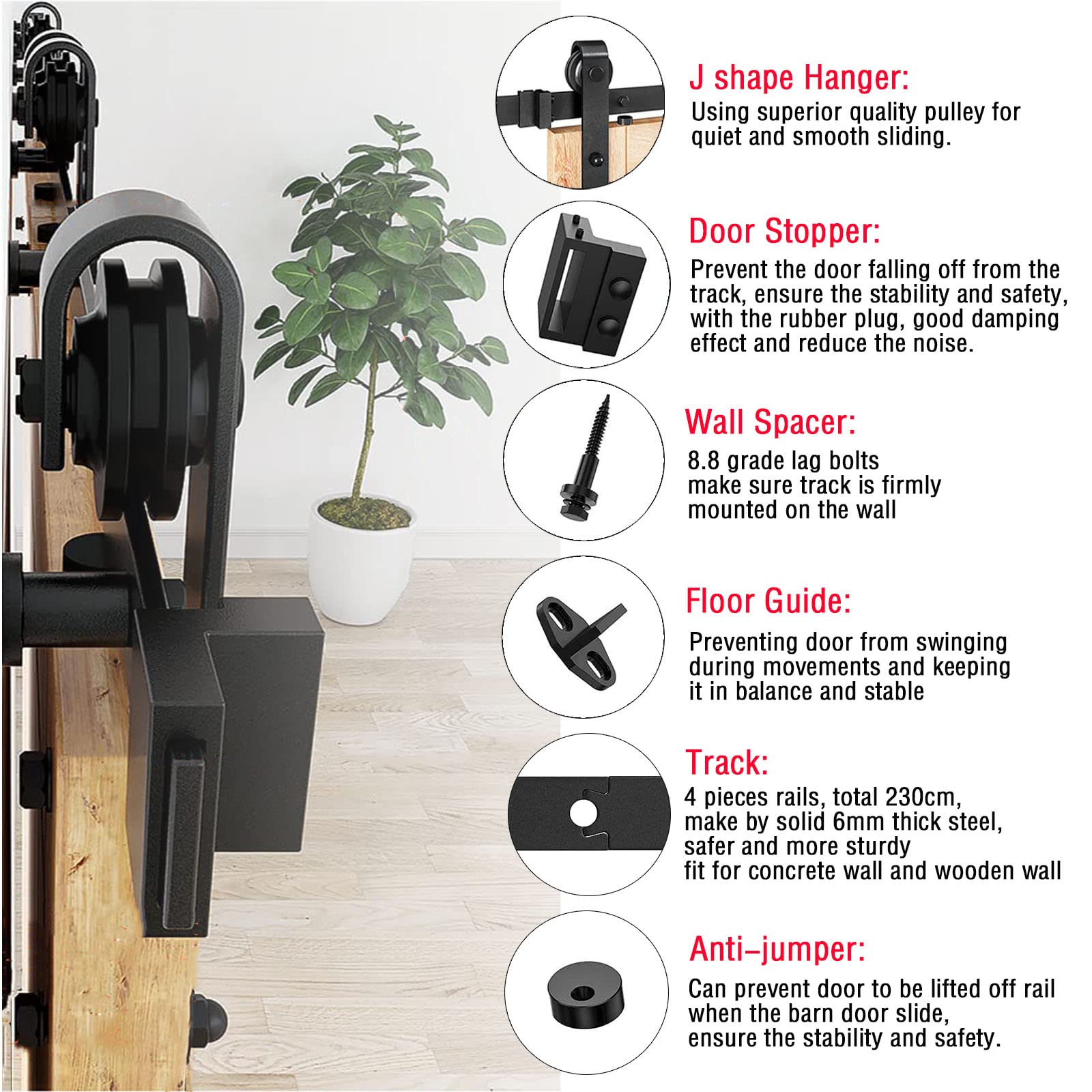 Double Barn Door Sliding Kit - 7.5FT/230cm Indoor/Outdoor Use Heavy-Duty Sliding Door Hardware Kit, Black, 7.5FT/230cm for Double Door - Image 4
