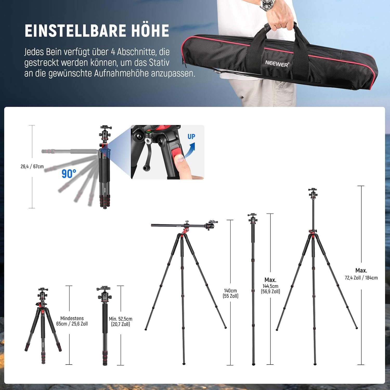 NEEWER 184cm Stativ für Kamera Einbeinstativ mit Mittelsäule Kugelkopf Aluminium Arca QR Platte Tasche 15kg