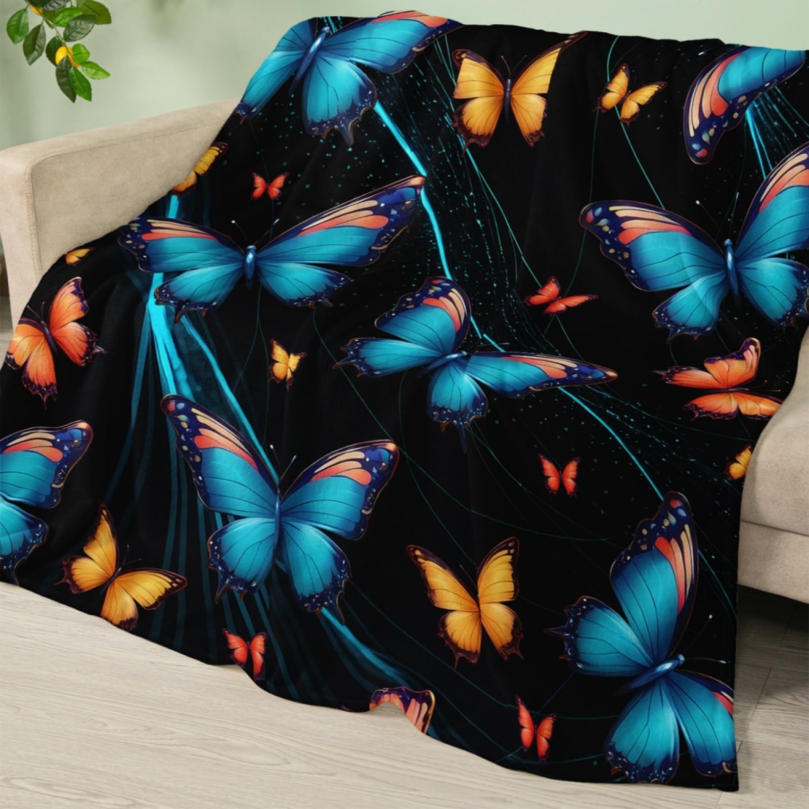 Couverture été quatre saisons blanket plaid papillon bleu orange grand lit