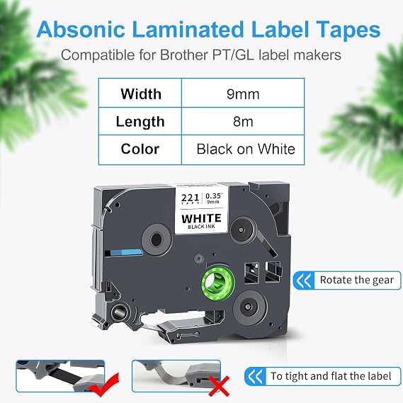 Absonic 10-Pack 9mm Black on White Label Tape Compatible for Brother Tze-221 Tze221 3/8 P Touch Tze Tz Tape 9mm 0.35 Laminated White Label for Label Maker PTH110 PTD210 PTD220 PTD200 PTD400 PT1880