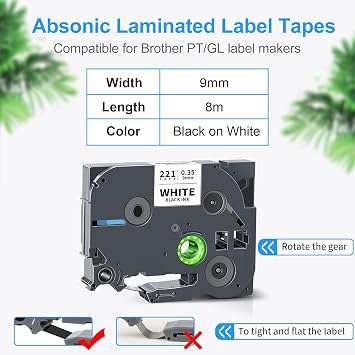 Absonic 10-Pack 9mm Black on White Label Tape Compatible for Brother Tze-221 Tze221 3/8 P Touch Tze Tz Tape 9mm 0.35 Laminated White Label for Label Maker PTH110 PTD210 PTD220 PTD200 PTD400 PT1880