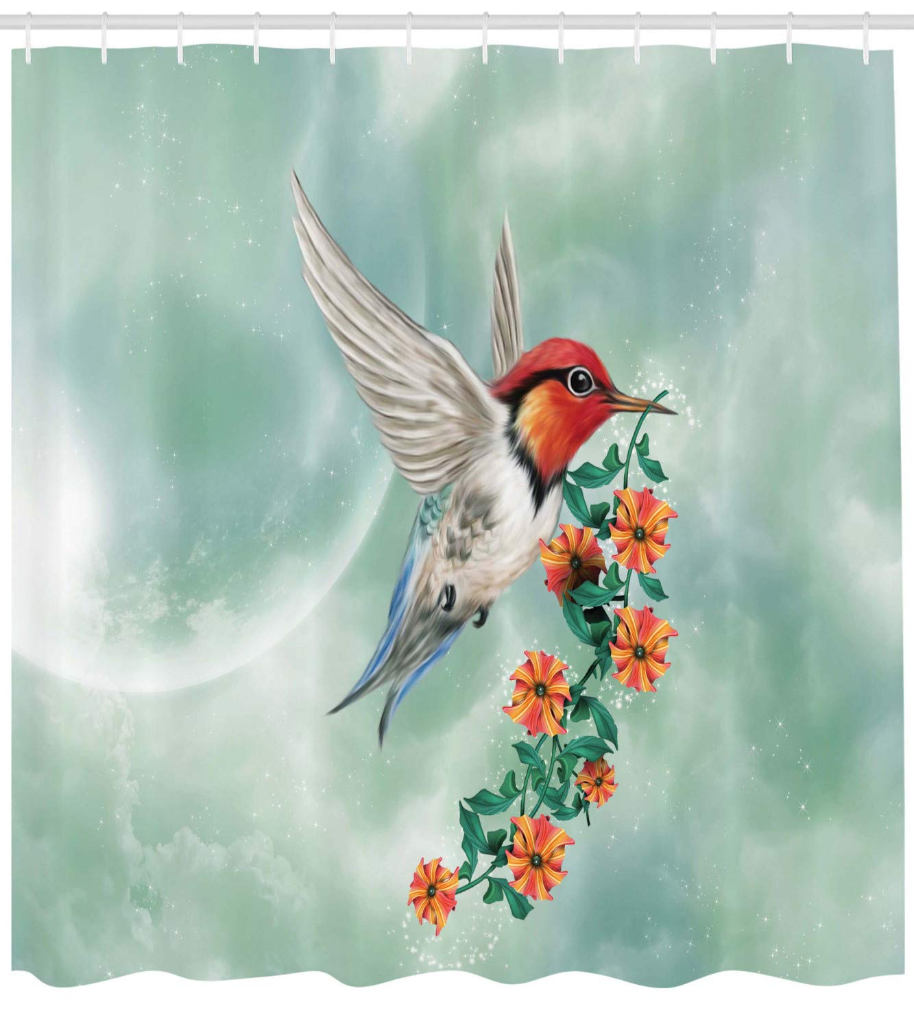 Ambesonne Hummingbird Shower Curtain, Bird is Flying Flowered Branch Floral Nature Illustration, Cloth Fabric Bathroom Decor Set with Hooks, 69