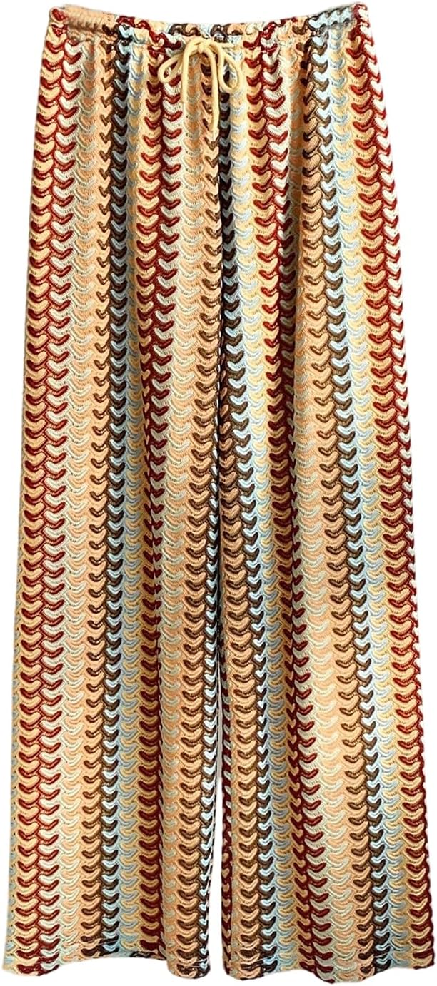 GORGLITTER Women's Crochet Pants Striped Low Rise Wide Leg Pants Colorful Boho Baggy Trousers Festival Outfits