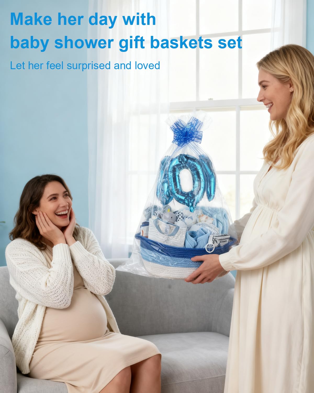 Juego de 22 cestas de regalo para bebé, azul (recién nacido de 0 a 12 meses) | Regalos premium para baby shower para niños: juego esencial para recién nacidos en cesta tejida con globo y lazo