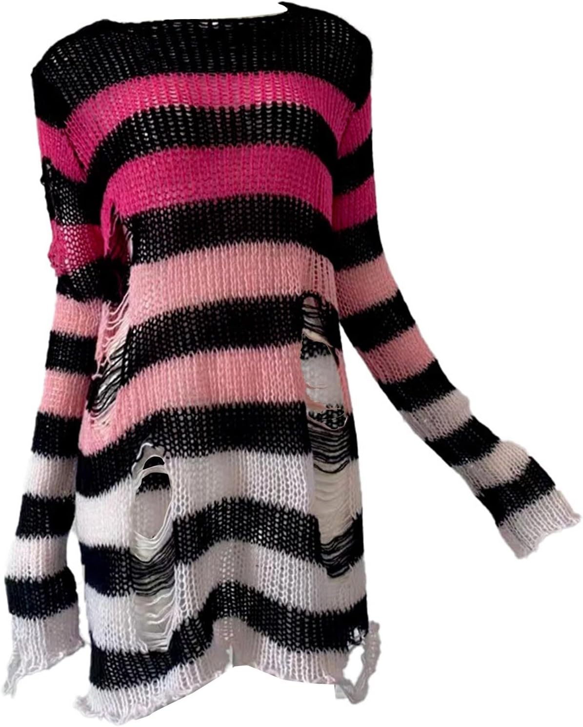 Gothic Knitted Jumper with Distressed Look - Oversized Pullover with Ripped Design, Long Sleeves, Loose Fit, 90s Grunge Style Stripe Pattern