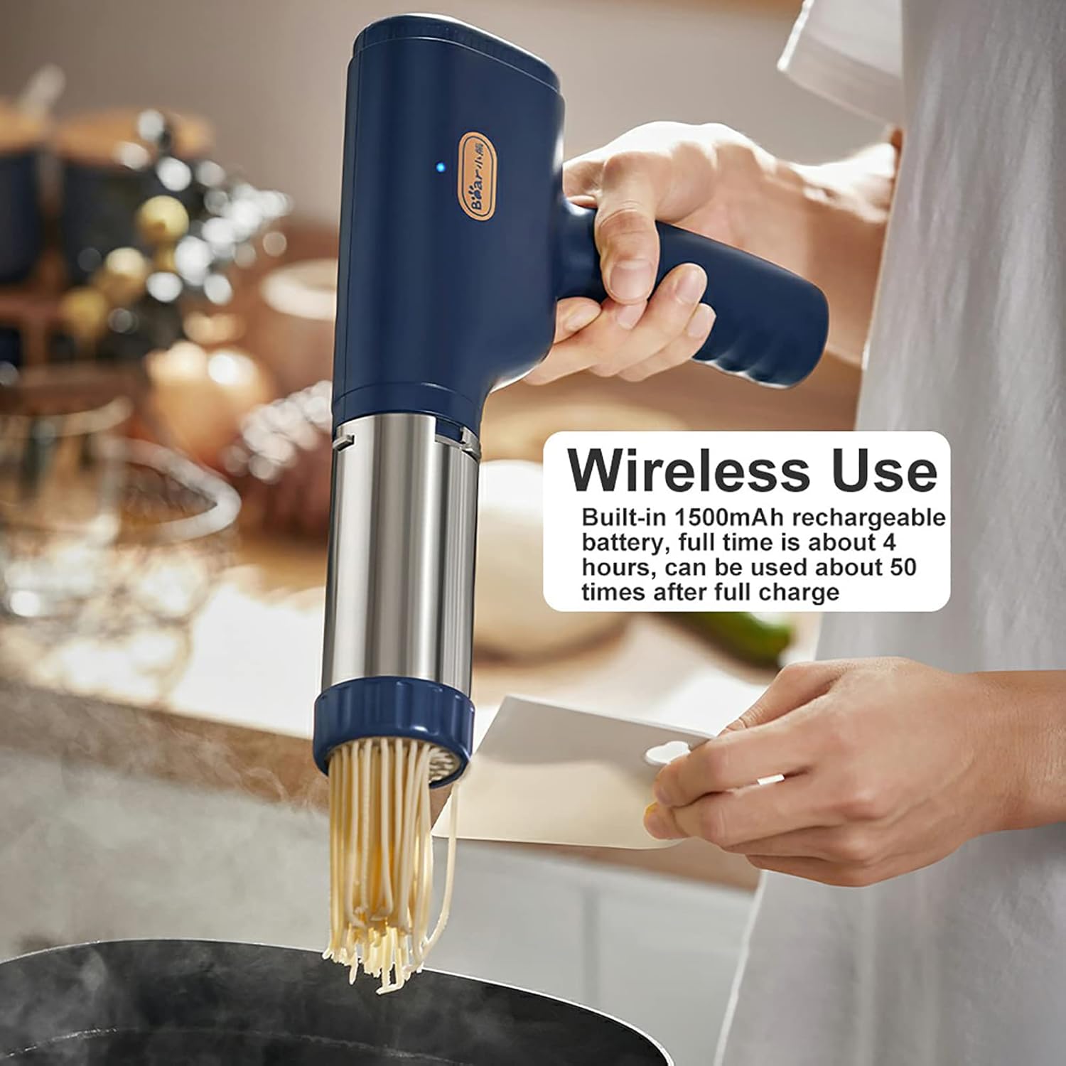 Handheld Pasta Noodle Maker Rechargeable Wireless Spaghetti Press 30s Fast Dough Cutter with 3 Molds Kitchen Tools