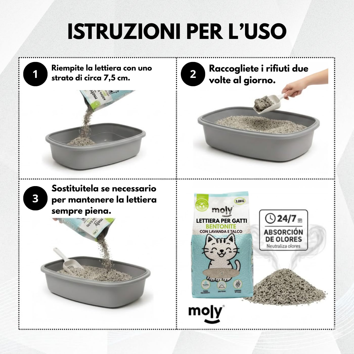 MOLY X6 Sabbia per gatti Bentonite con carbonio attivo 16,8 kg 22,2 l | Sabbia agglomerante ad alta assorbimento con aroma di lavanda e talco | Controllo totale degli odori | Senza polvere | Lecho