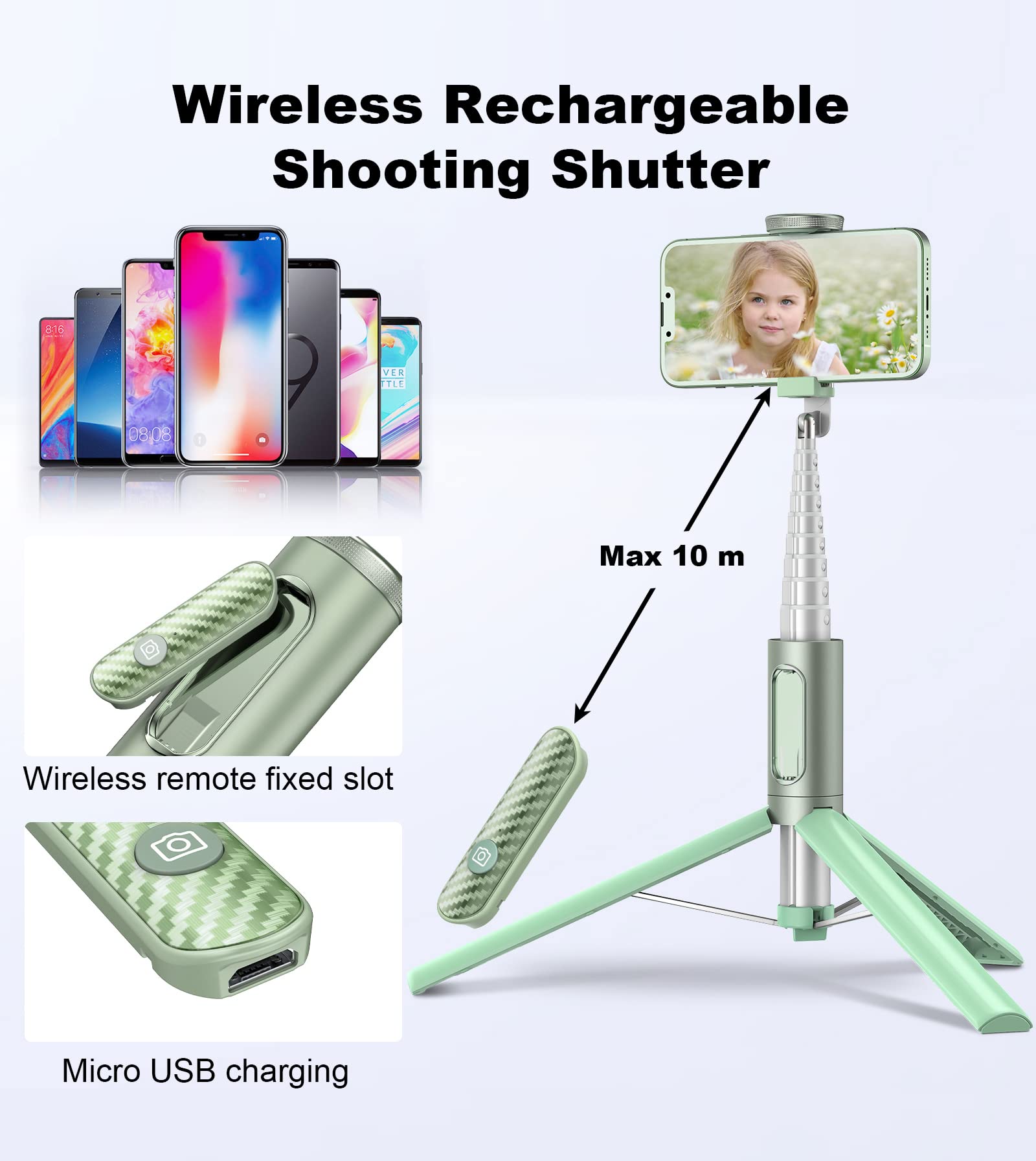 TONEOF Tripod, Cell Phone Selfie Stick, 60 Inch All-in-1 Stand with Integrated Wireless Remote, Lightweight and Portable, Extendable Tripod for 4-7 Inch iPhone and Android(Green)