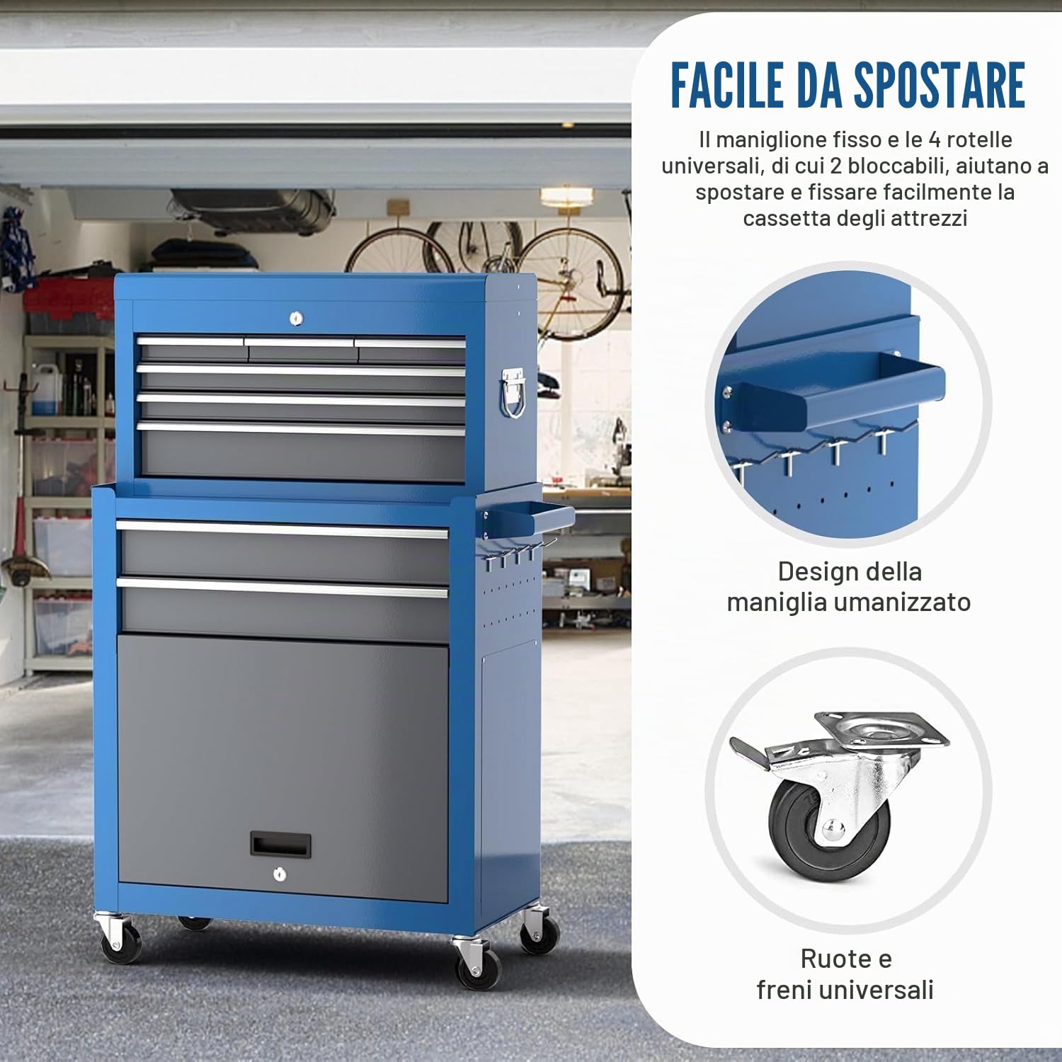 AIRAJ Carrello da Officina,8 Cassetti con Chiusura Centrale a Chiave,2 Ruote con Freno di Stazionamento/Piastra Laterale e Gancio,Professionale Carrello Portautensili,Adatto per Garage