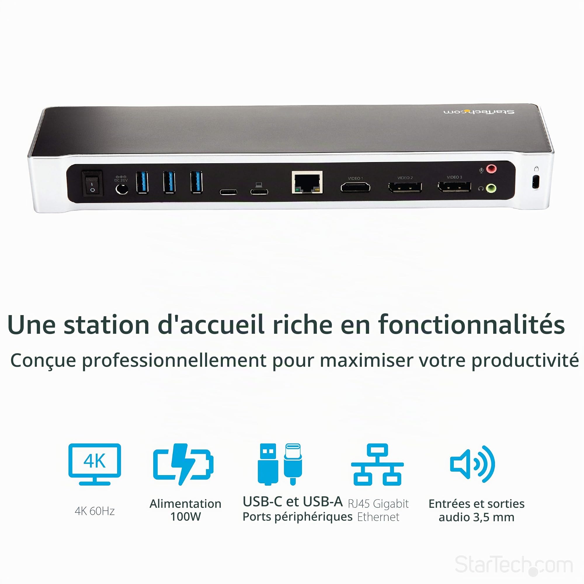 StarTech Dock USB-C Triple 4K DisplayLink HDMI DP, MacBook et Windows, 100W