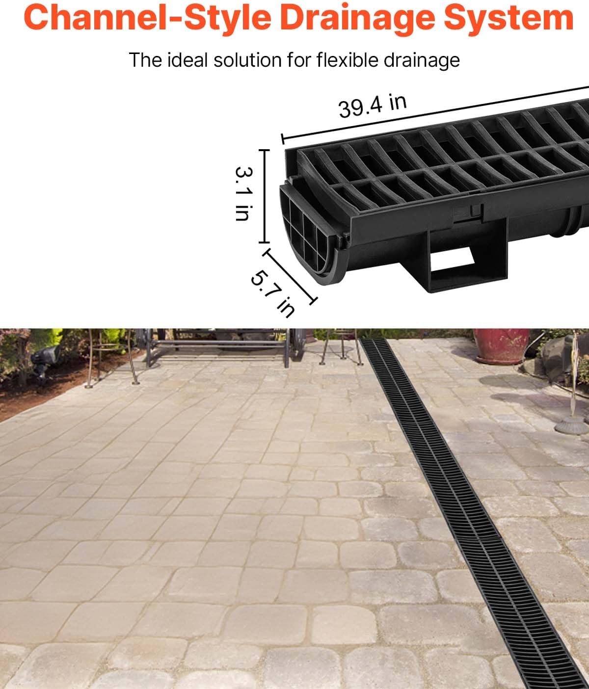 vevor trench drain system 3 pack, channel drain with plastic grate 5.7 x 3.1 in hdpe drainage trench, black plastic garage floor waterway 3 x 39 in with 3 end caps for garden driveway 3pack 5.7×3.1in - plastic