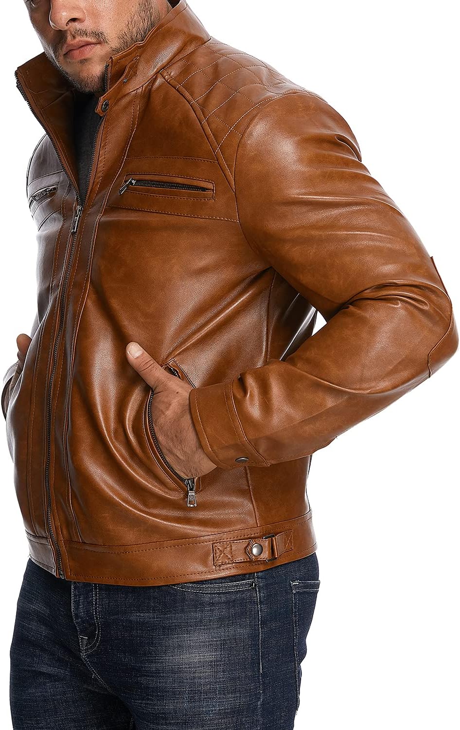 HOOD CREW Men’s Stand Collar Leather Jacket Casual Faux Leather Motorcycle Jacket Outerwear Coat with Zipper Pockets - Image 5
