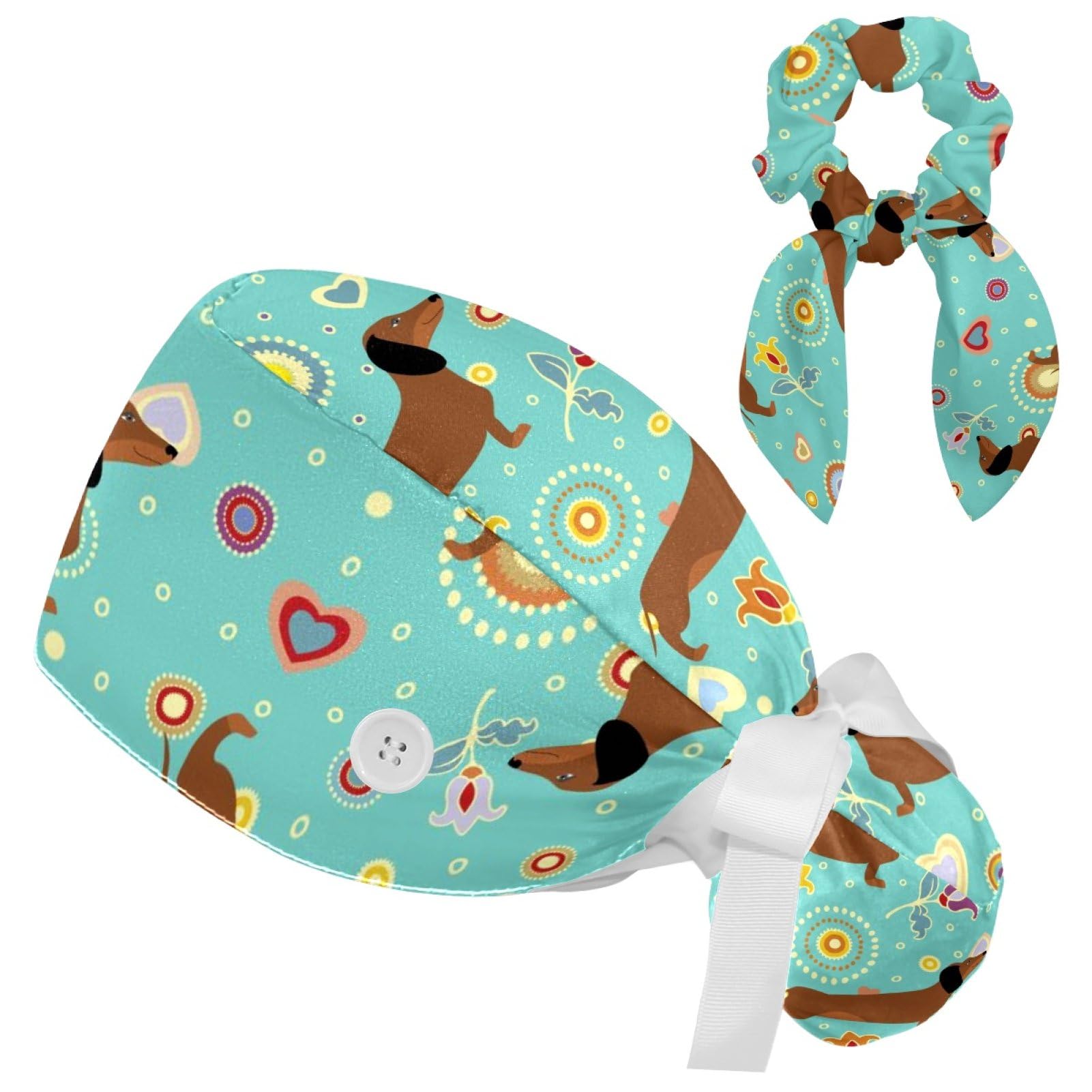 Dachshunds Pattern Scrub Caps with Bow Hair Scrunchy, Working Cap Head Cover for Women Long Hair