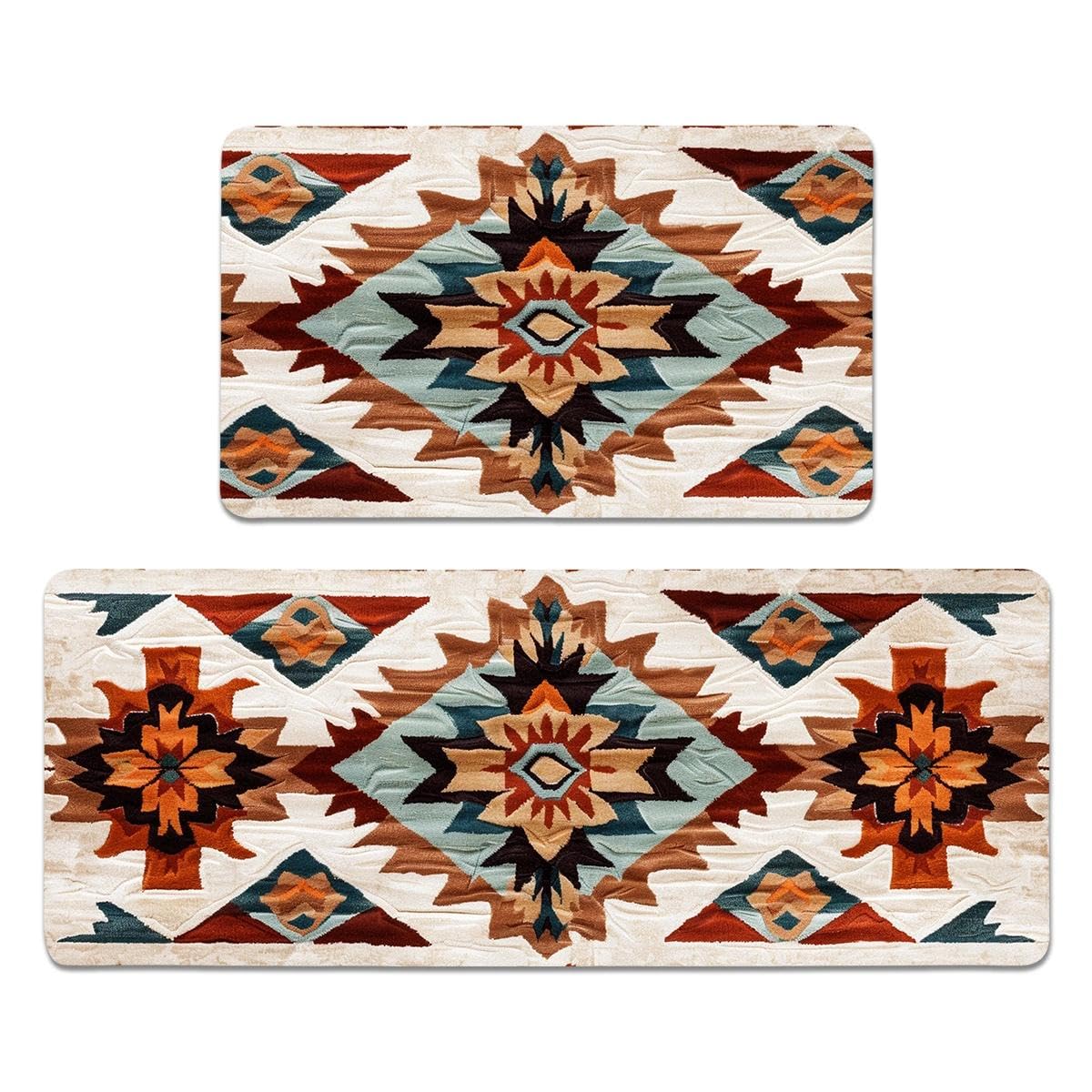 YWZDS Rustic Navajo Kitchen Rugs Set of 2, Aztec Geometric Cotton Blend Linen Non Slip Kitchen Floor Mats for Home Office Bedroom Bathroom Laundry,