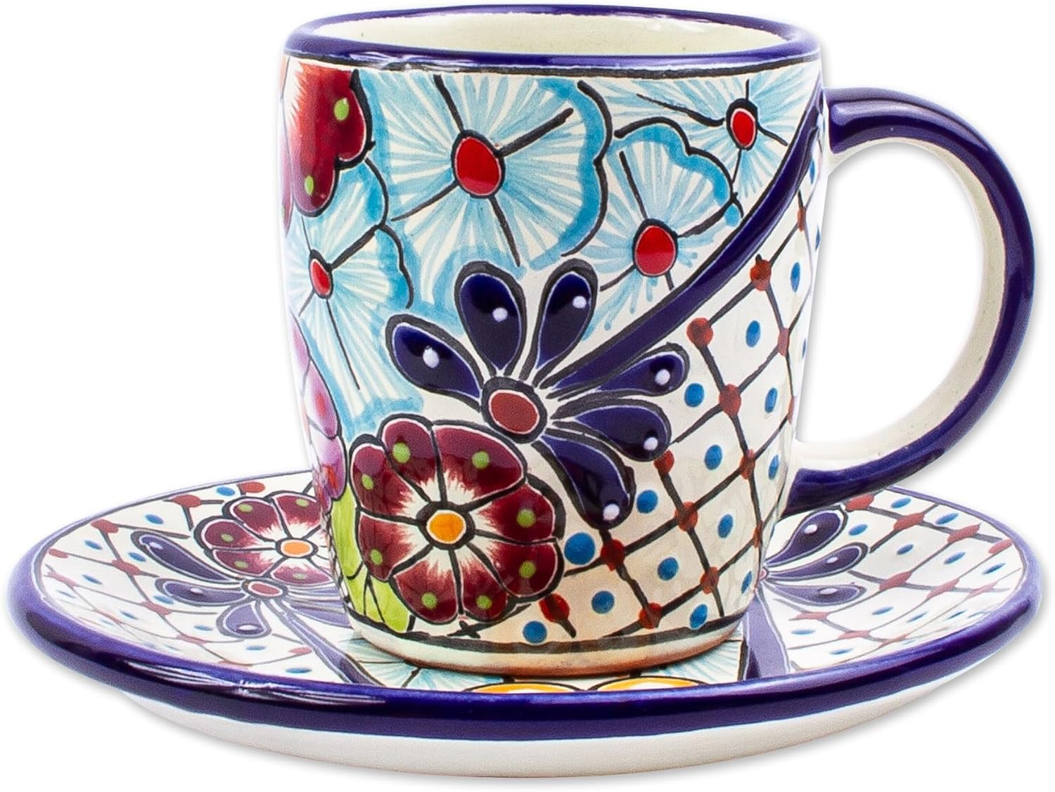 NOVICA Artisan Handmade Ceramic Cups Saucers Talaverastyle Multicolor Mexico Tableware Dinnerware Painted Floral 'Colors of Mexico' (Pair)