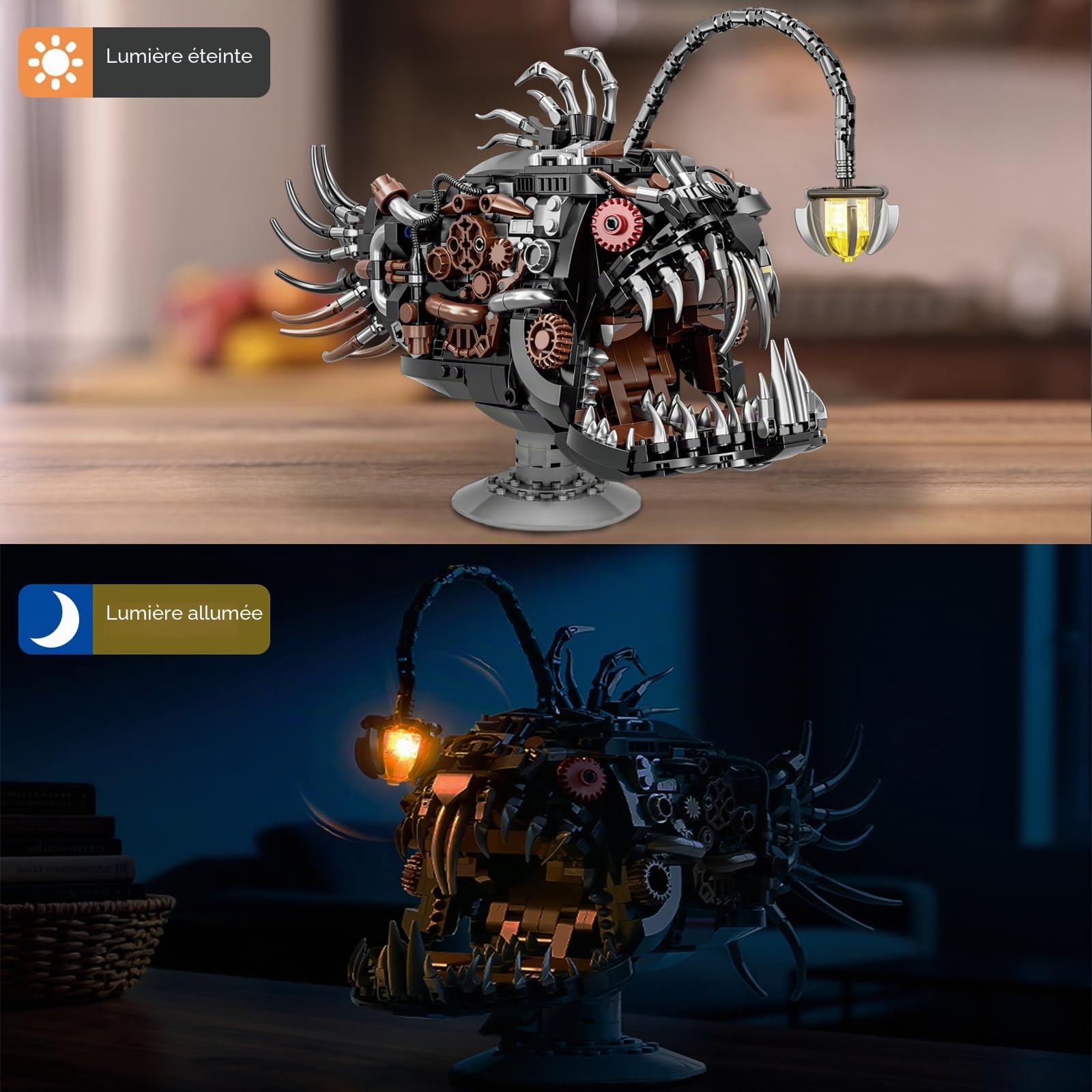 Lanterne mécanique Poisson Briques de construction compatibles avec les marques célèbres - 1038 pièces - Animaux créatifs - Technique Steampunk Rétro Océan Moc - Kit de modélisme avec lumière - Cadeau