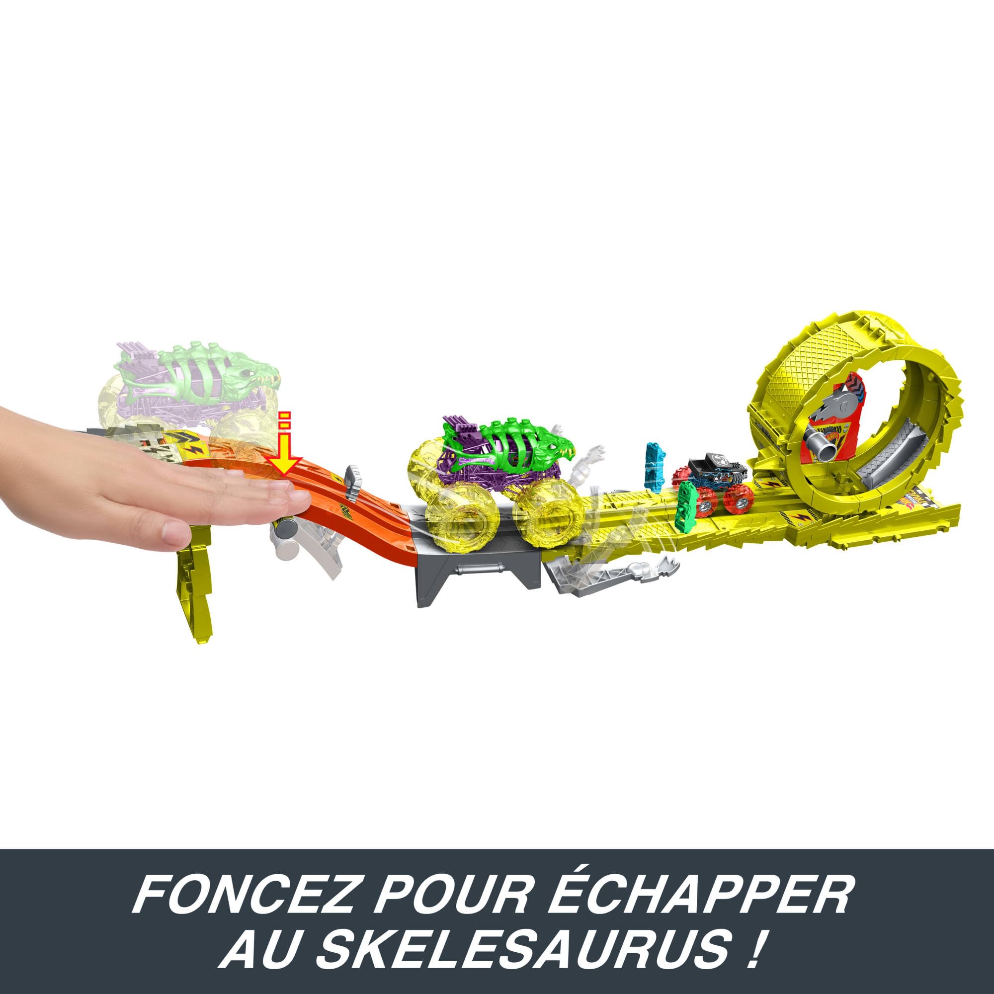 Hot Wheels Monster Trucks Défi Course Électrifiante Coffret Comprenant 2 camions, Un Skelesaurus surdimensionné et Un Bone Shaker à l’échelle 1/64, Course Poursuite avec 2 Voitures broyées, HYT07