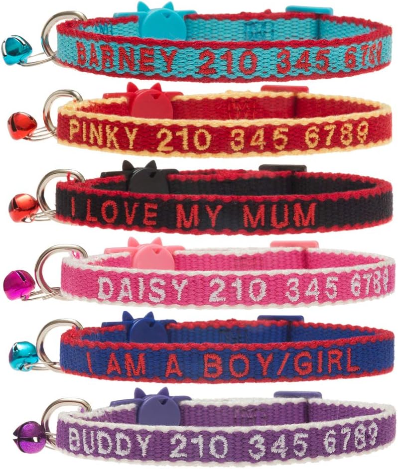 Personalized Cat Collar with Bell Kitten Breakaway Collars Custom Embroidered with Pet Name and Phone Number Blue