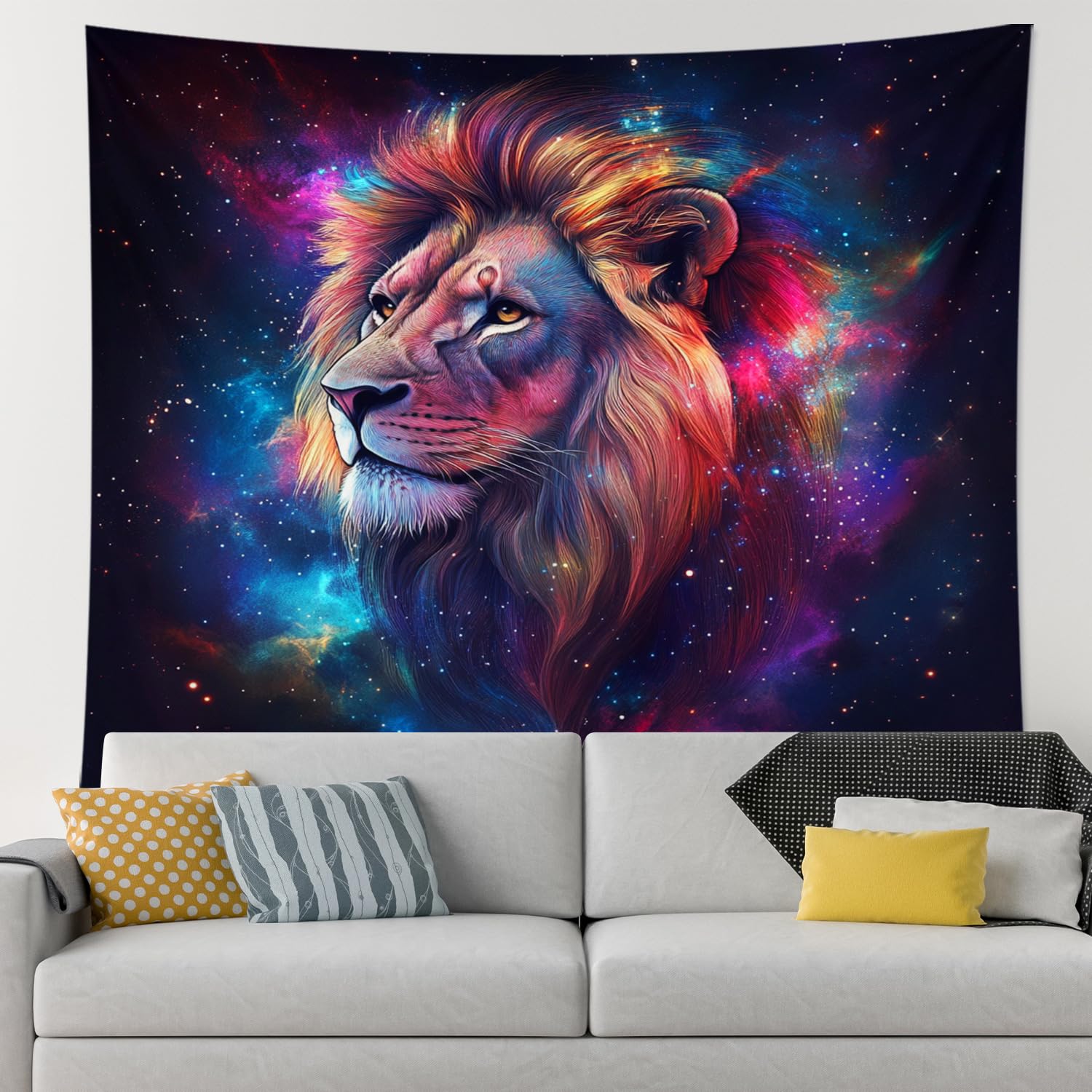 Cosmic Lion Colorful Tapestry, Galaxy Art Wall Hanging, Fantasy Bohemian Decor for Bedroom, Living Room, College Dorm, Seasons 60x80 Inch
