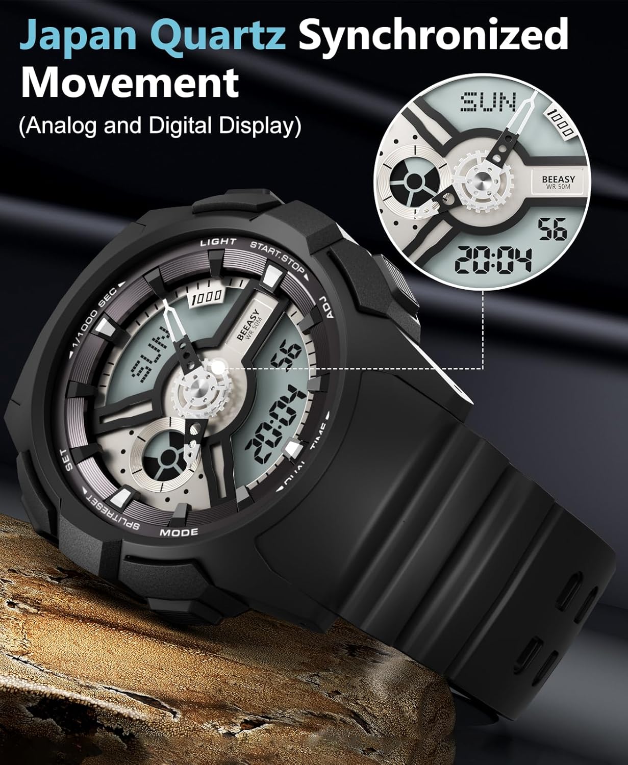 Beeasy Waterproof Mens Watches Sports Ourdoor, Military Watch Multi Function Stopwatch/4 Alarms/Countdown/Dual Time, Analog-Digital Synchronised Display Wrist Watch for Men - Image 4
