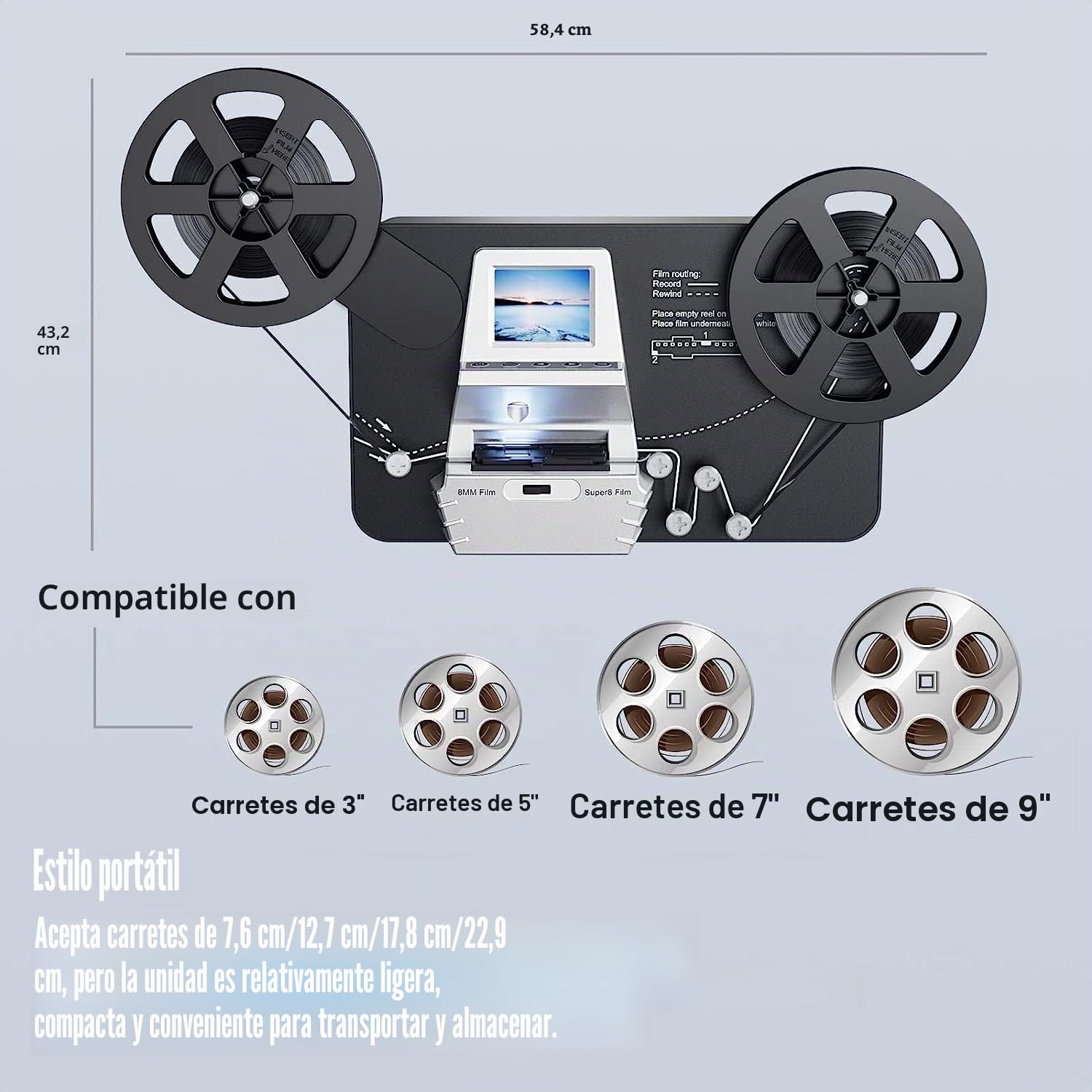 Escáner de películas Super 8/Normal 8 mm, Convert Film into Digital Video (3, 5, 7 y 9 "Rollo de película) Escáner y Digitalizador de películas con LCD de 2,4", 1080P y tarjeta SD de 32 GB