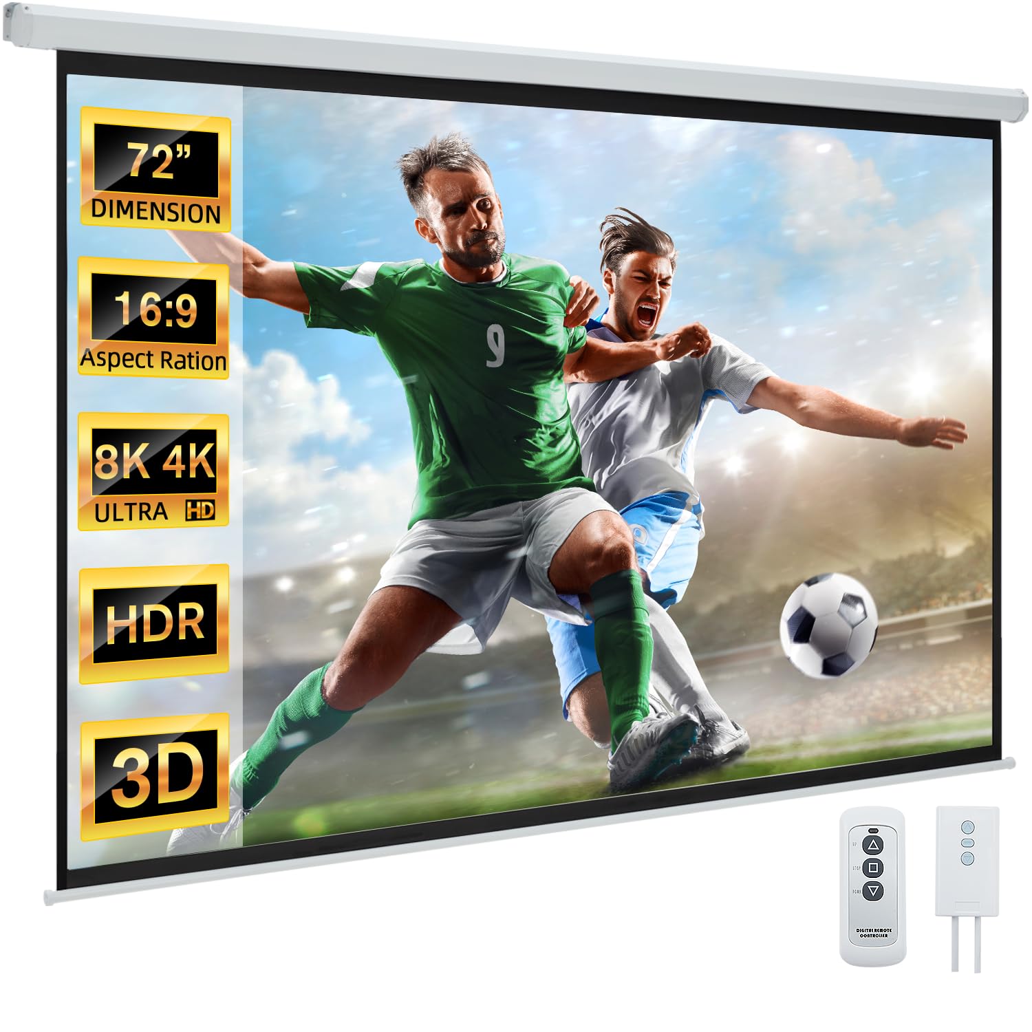 YODOLLA 72" Projector Screen Motorized 16:9, 4K HD Pull Down Retractable Projection Screens Electric Automatic Wall Ceiling Movie Screen for Office Classroom Indoor with Remotes