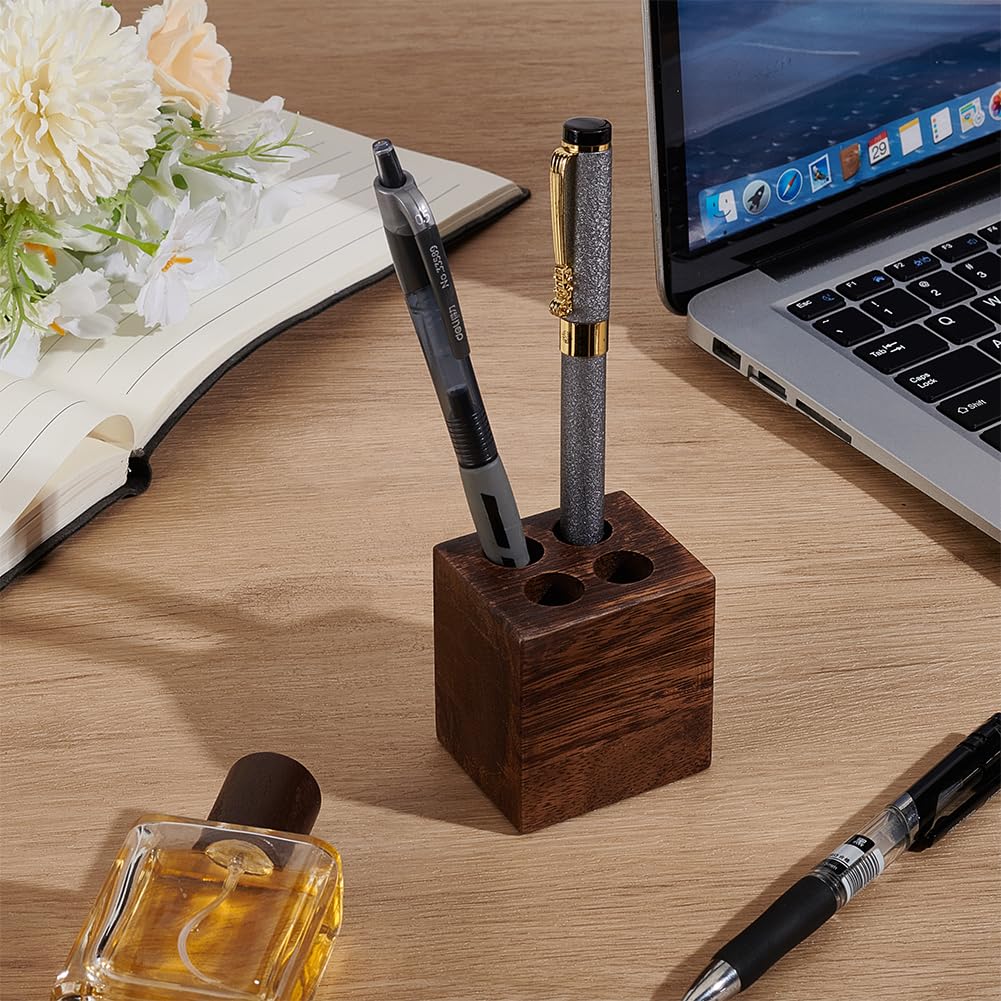 MAYJOYDIY Cuboid Wooden Walnut Pen Holder with 4 Round Holes Stylish Vintage Desk Organizer Pencil Holder Fountain Pen Tray for Home Office Classroom Desktop Stationery Accessories - Image 4