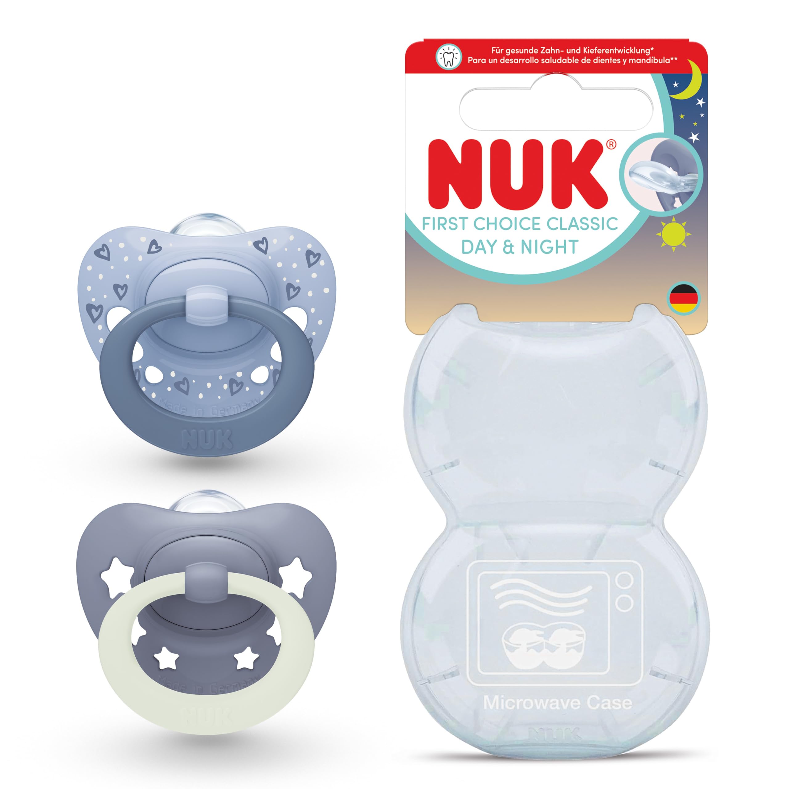 NUK First Choice Classic Day & Night Baby Schnuller | 0-6 Monate | Orthodontische Schnuller, die im Dunkeln leuchten | 95% Akzeptanz bei Babys** | Blau | 2 Stück