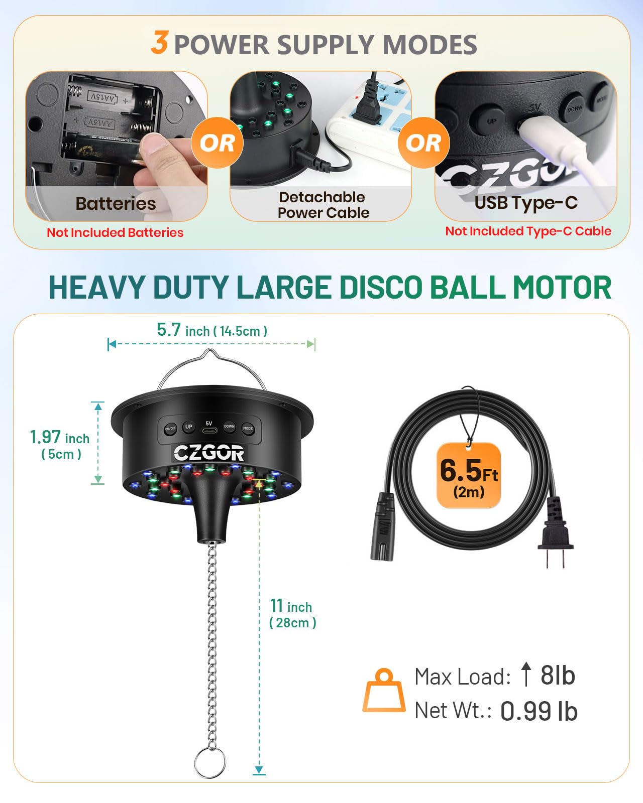 Motor de bola de discoteca con luz, 0/3/6/9/12/15 RPM giratorio de velocidad ajustable con mando a distancia, cable de alimentación desmontable de 2m/batería/modo de alimentación USB-C, soporta