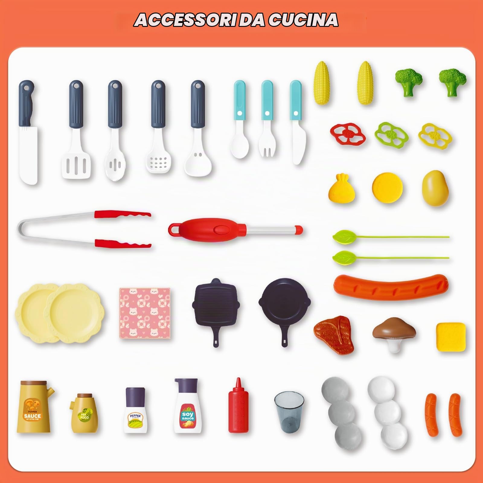 Set Cucina Gioco BBQ per Bambini, set da cucina per casetta all'aperto a 2 livelli, 41 pezzi di giocattoli alimentari interattivi per regali di Natale e di compleanno per bambini dai 2 agli 8 anni