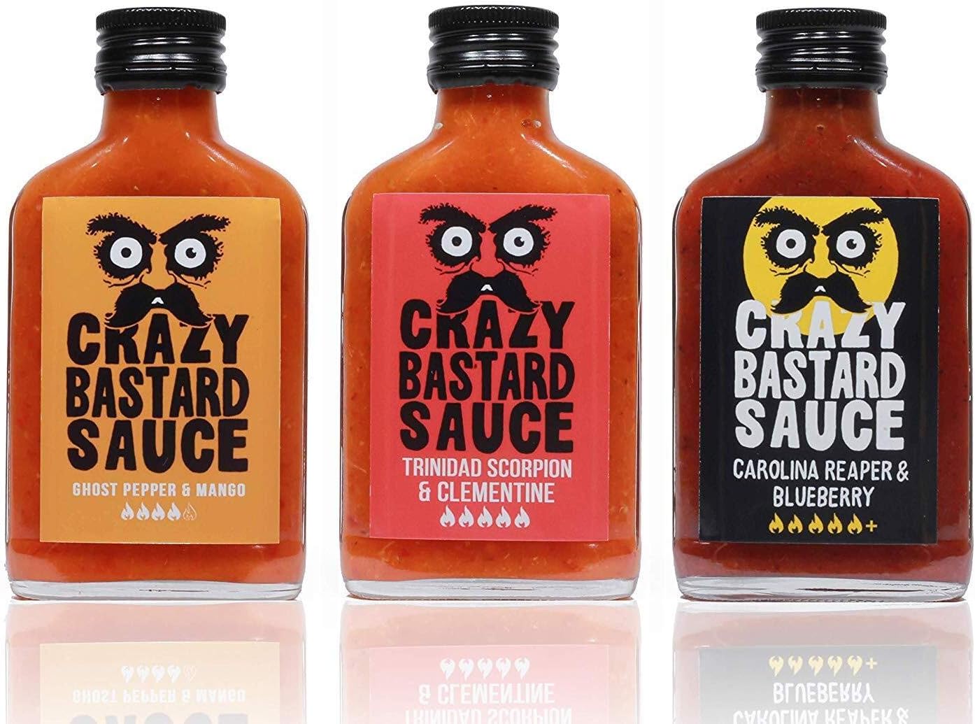Crazy B Sauce - Sample set of 3 chili sauces with the worlds hottest peppers - Ghost Pepper & Mango, Trinidad Scorpion & Clementine, Carolina Reaper & Blueberry (3 x 100ml)
