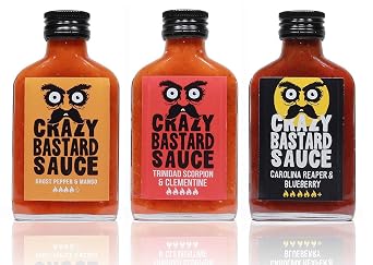 Crazy Bastard Sauce - Sample set of 3 chili sauces Ghost Pepper & Mango, Trinidad Scorpion & Clementine, Carolina Reaper & Blueberry 3 x 100ml