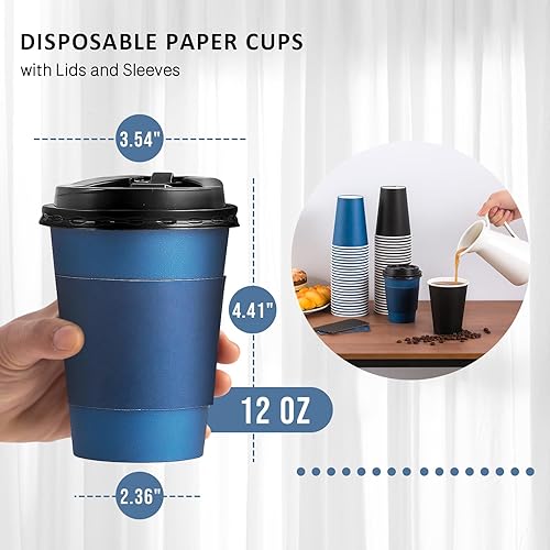 Miniatura 10 de SIUQ Paquete de 100 tazas de café desechables de 16 onzas con tapas y mangas, vasos de papel para bebidas calientes y frías, café, agua, chocolate