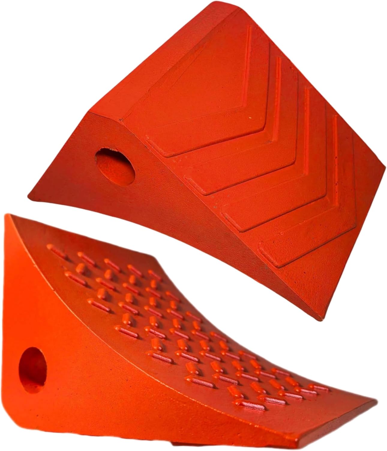Heavy Duty Orange Polyurethane PU Wheel Chocks with Reflective Strips - 2-Piece (8.2x7x5.75 Inch), All-Weather, Non-Slip & Portable Parking Security for Truck, RV, Trailer (2, S)