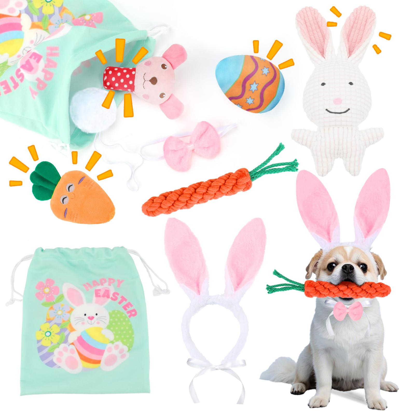 YUEPET 8 Pack Dog Easter Basket Stuffed Bunny Squeaky Toy Plush Chew Toys Eggs Carrot Rope Chicken Dog Ears Headband Bowtie Tail Easter Gift for Small
