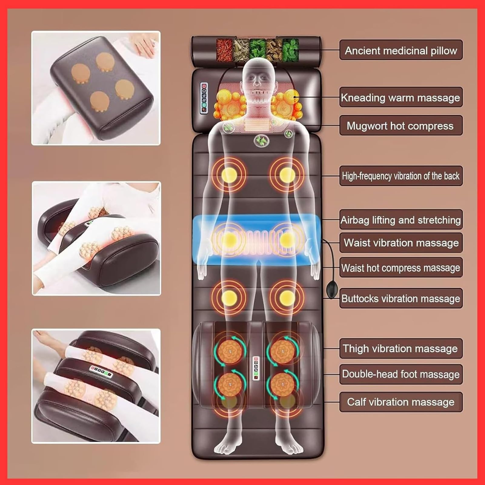 Colchoneta De Masaje Relajante De Cuerpo Completo Con Calor: 10 Nodos Vibratorios, Almohadas Ajustables Y Almohadillas Térmicas For Aliviar La Tensión Muscular(A)