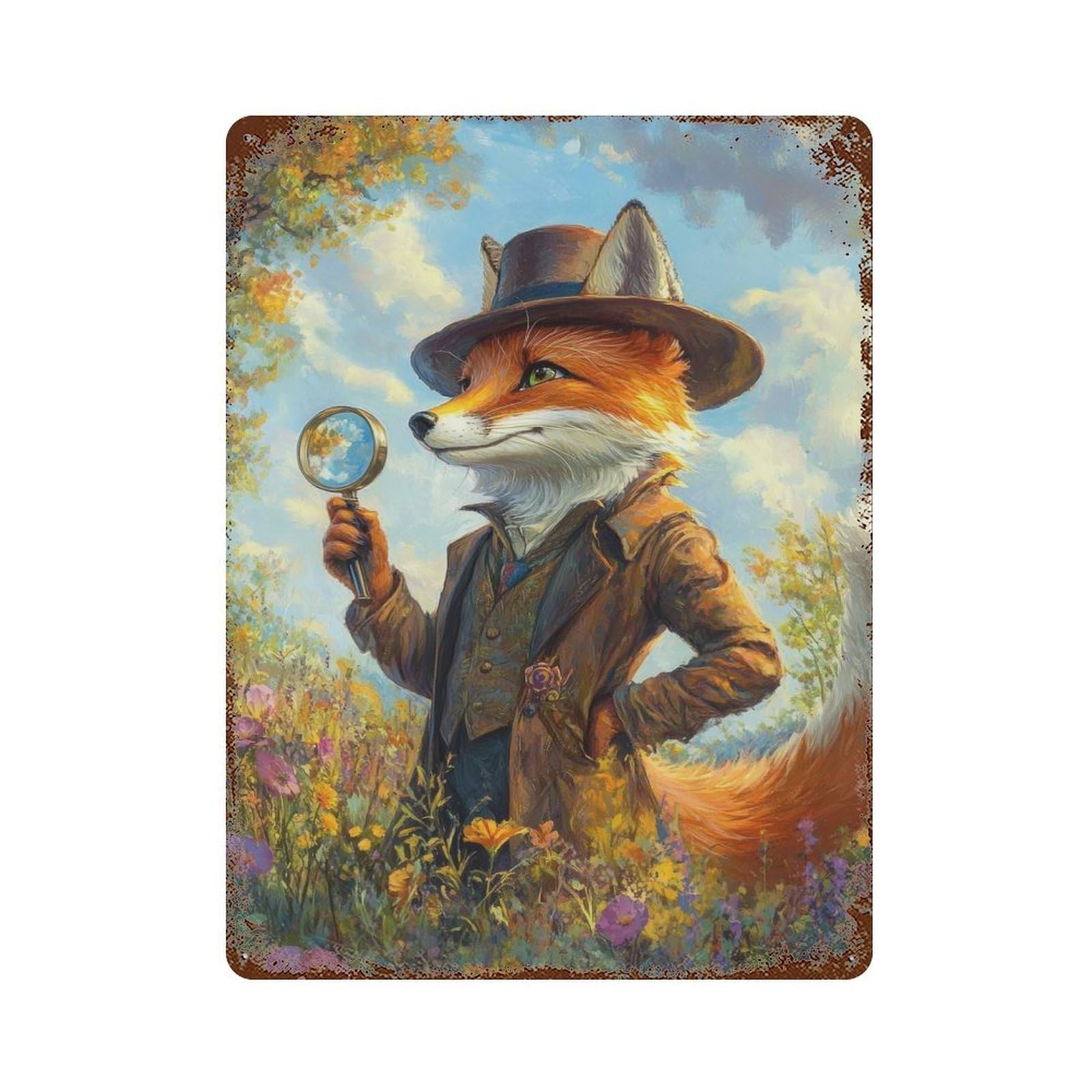 Fox Detective Aged Metal Wall Plaque 15.7"x11.8", Industrial Home Decor for Pub, Kitchen And Man Cave Decor