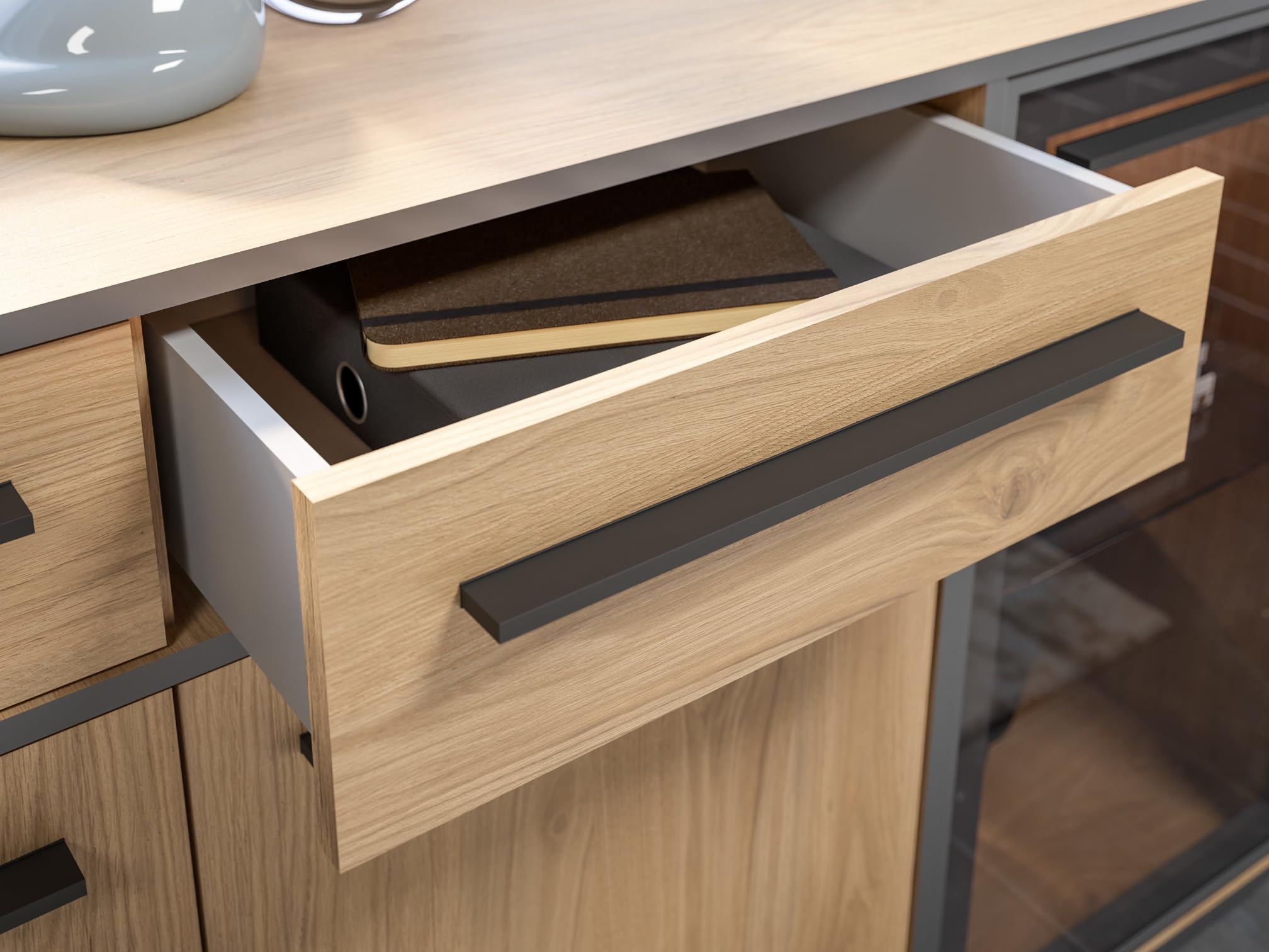 moebel-dich-auf Wohnwand Nardo in Wildeiche Verschiedene Board-Sets, Lowboard, Sideboard, Braunglas, Softclose, inkl. LED-Beleuchtung