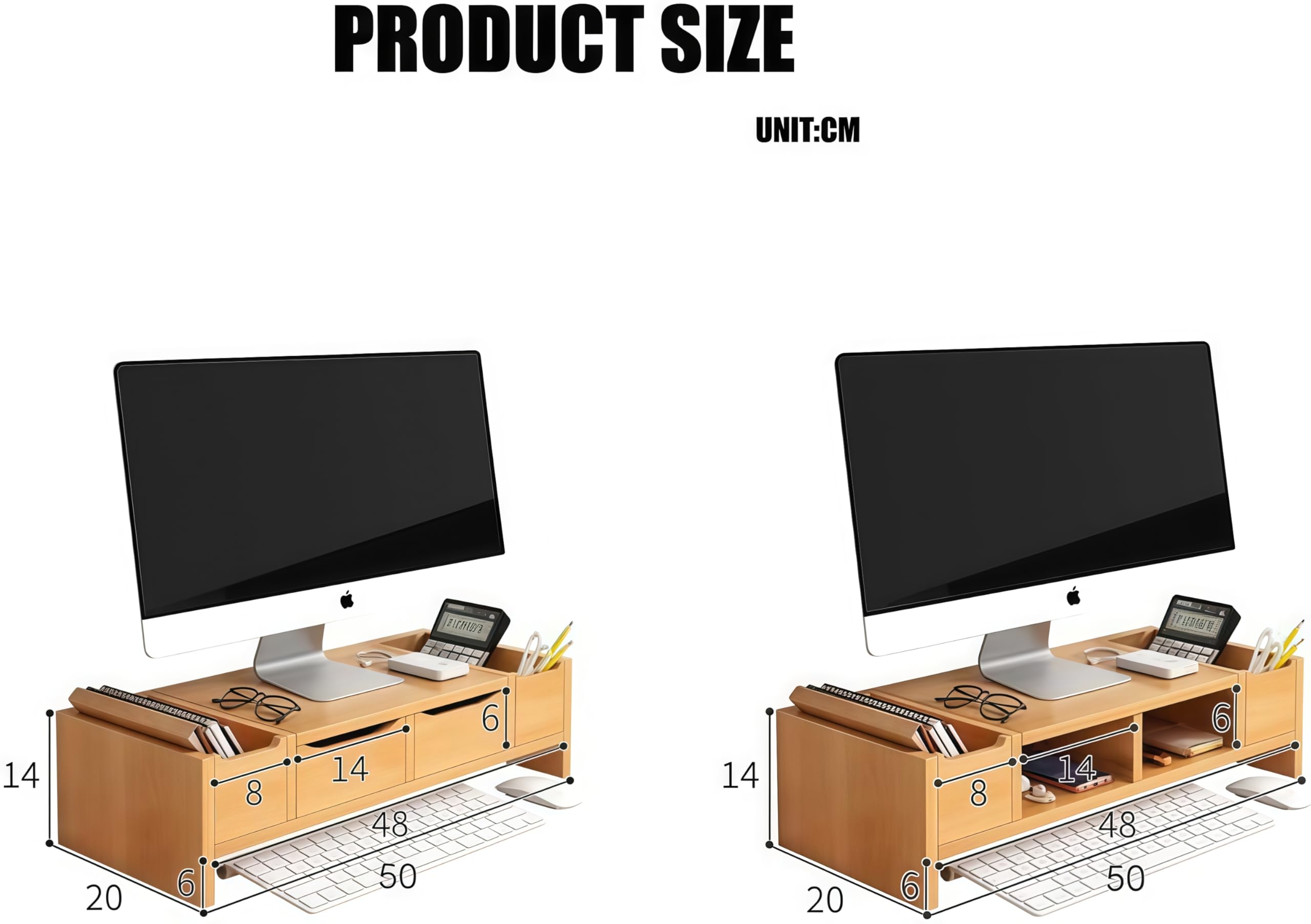 Ergon - Supporto salvaspazio in legno per monitor con cassetto, 2 ripiani, per computer e TV a schermo piatto, per uso domestico e ufficio