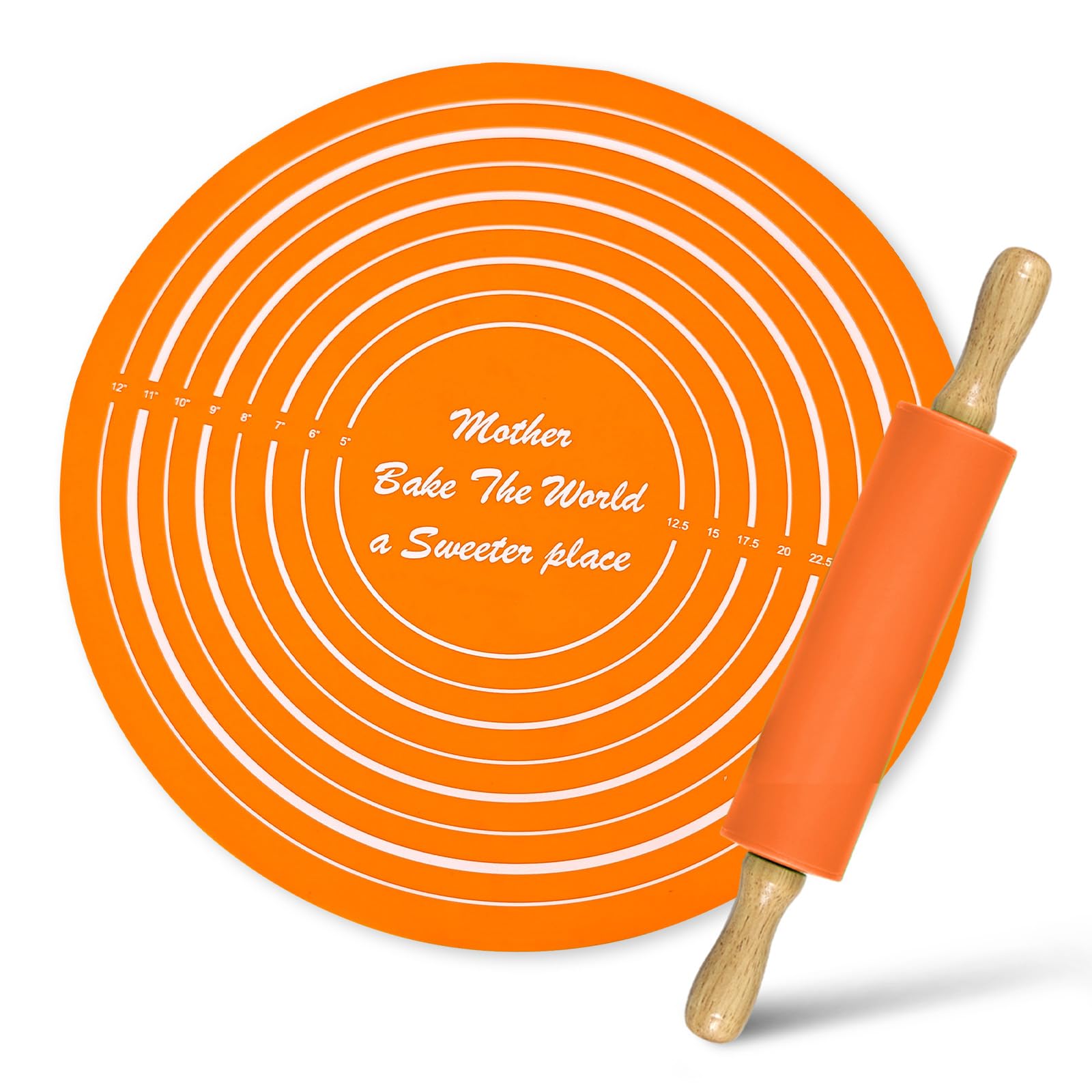 Thatyro Silicone Rolling Pin Backing Mat Set, 13" Dough Roller with Non Stick Pastry Sheet, Small Fondant Roller Round Kneading Mat for Bread Cookie Pie Pizza Sourdough Kitchen (Orange)
