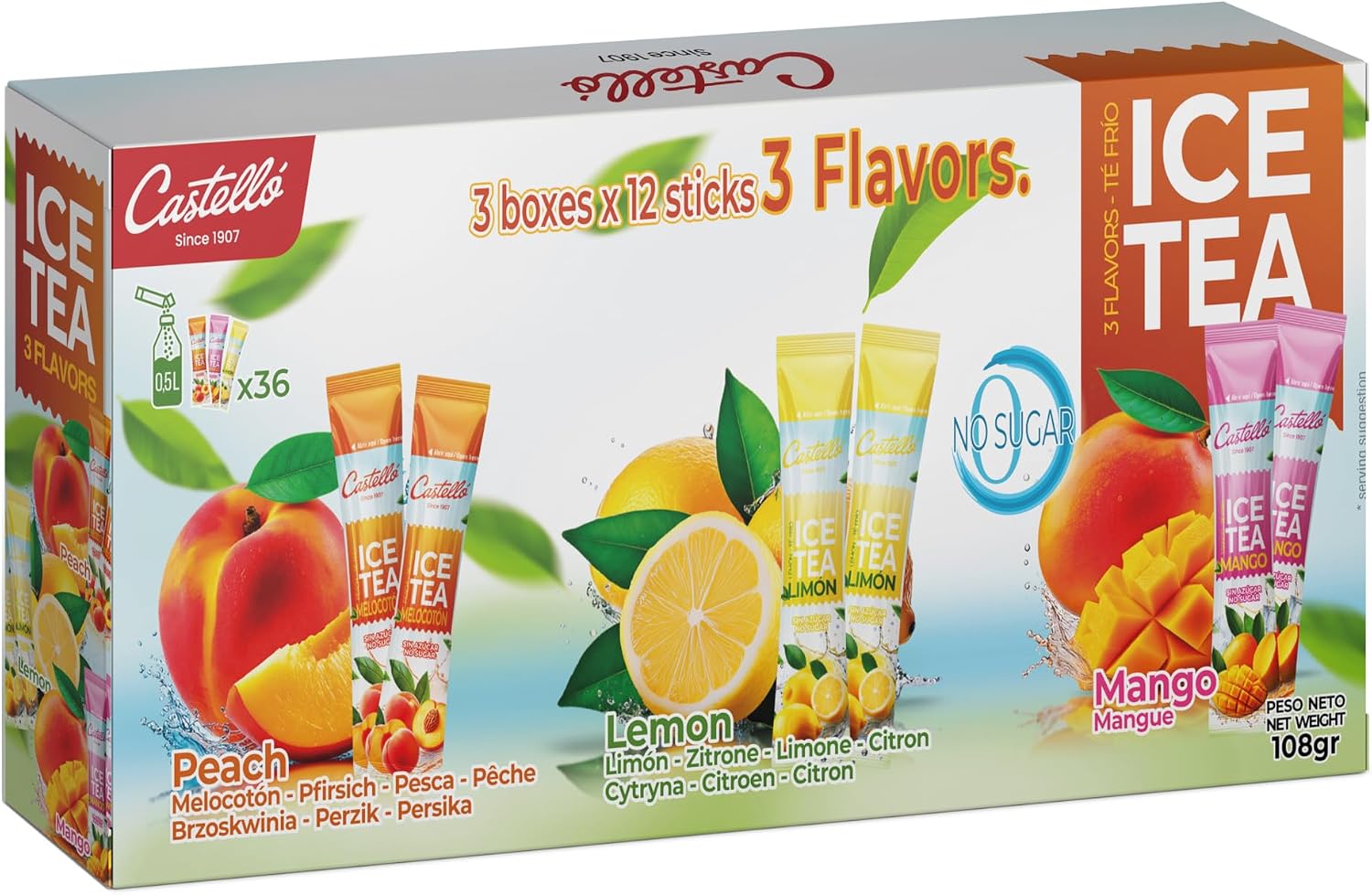 Castello since 1907 Mrożona Herbata | 36 Sztuk | 3 Smaki | (Ice Tea - Iced Tea) Rozpuszczalna Zero w Saszetkach | Zero Kalorii, Bez Cukru, Bez Aspartamu