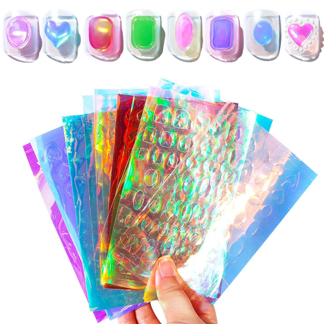RAYWIND 11 Sheets Ice Cube Nail Art Stickers Glass Paper Aurora Self-Adhesive Decals Shinning Reflective Mirror Design Iridescent Glass Paper Nail Decal for Manicure Decoration