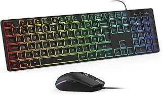 Wired Backlit Keyboard and Mouse set, Rainbow LED Gaming Keyboard and Mouse Combo, Quiet RGB Keyboard Mouse Combo for PC Gamers Office, Full-Size UK layout