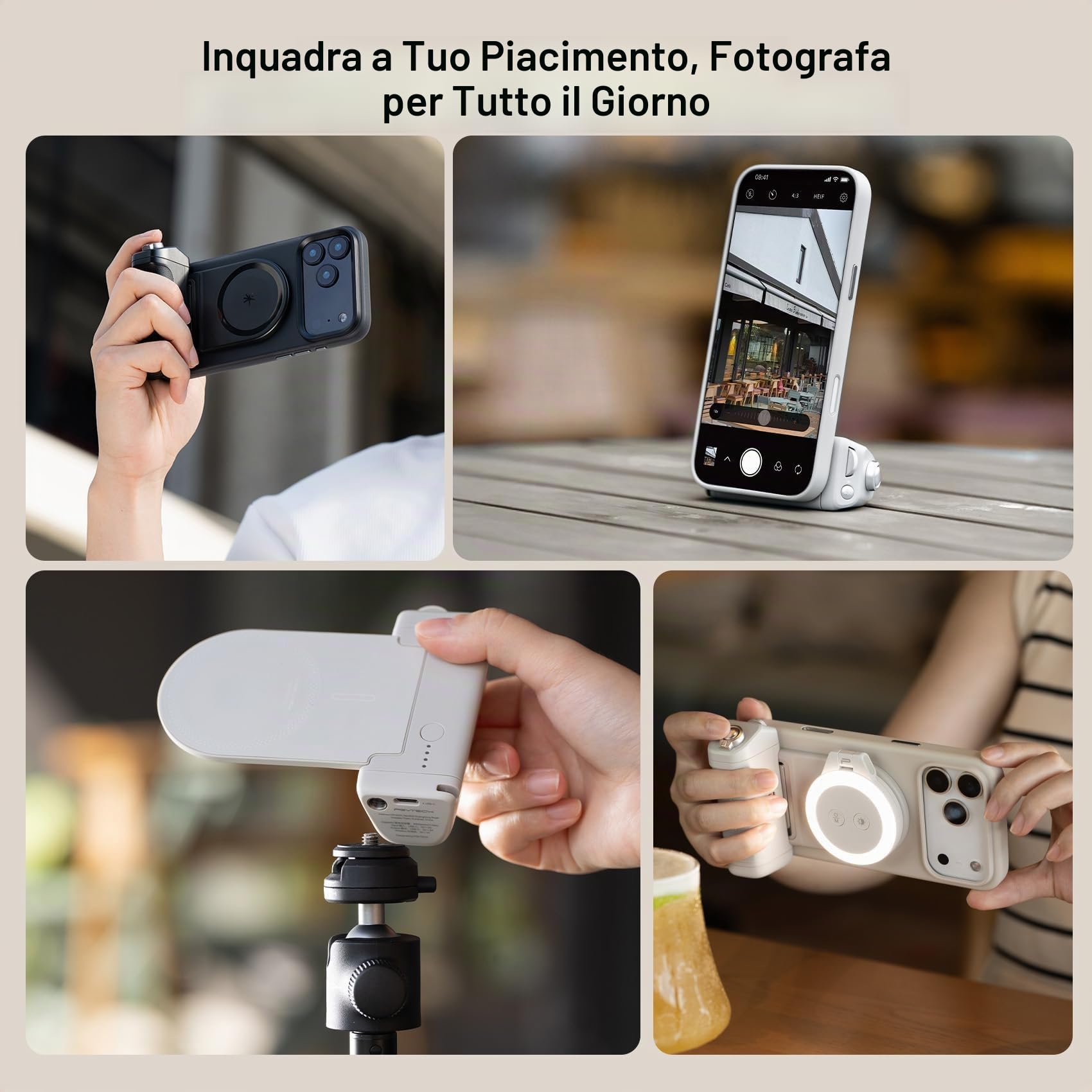 PGYTECH MagCam 2 Impugnatura per Smartphone Kit Modulare 3-in-1, Telecomando Bluetooth, Impugnatura di Ricarica e Supporto Wireless Magnetico MagSafe, per iPhone 12–17/Android 14 (Nero)