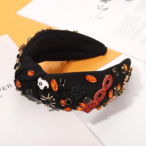 Miniatura 5 de Diadema de Halloween para mujer, diadema anudada de perlas de cristal, con cuentas, calabaza, caramelo, maíz, adornada, diadema con nudo superior,