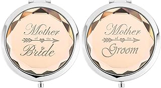 2 Pack,Wedding Keepsake Gift,1 Mother of the Bride makeup mirror 1 Mother of The Groom makeup mirror,Crystal Pocket Compact Makeup Mirror，Engraved Present (champagne)