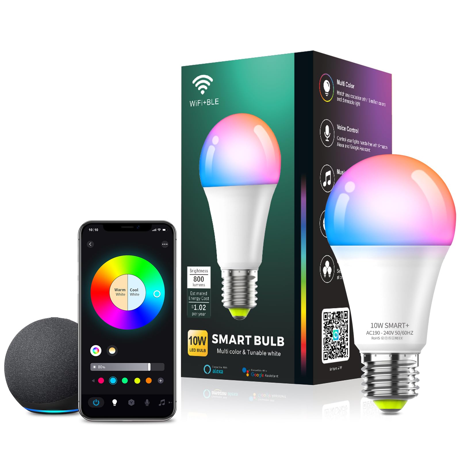 Yisica Wi-Fi Light Bulb, E27 800LM (60W Equivalent) RGBCW Wi-Fi & Bluetooth Smart LED Bulbs, Preset, No Hub Required, Google Compatible, App Control & Scheduling