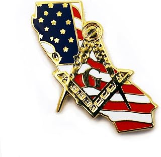 California Mason Square & Compass American Flag Masonic Lapel Pin - [Gold & Red][1'' Tall]