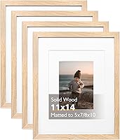 KINLINK Natural Solid Wood 11x14 Picture Frames Set of 4 - Fits 5x7/8x10 with Mat or 11x14 Photos, Plexiglass, Wall & Tabletop Display
